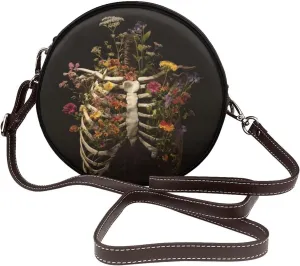 Retro Human Torso With Wildflowers Women Round Crossbody Bags Leather Sling Bag Purse