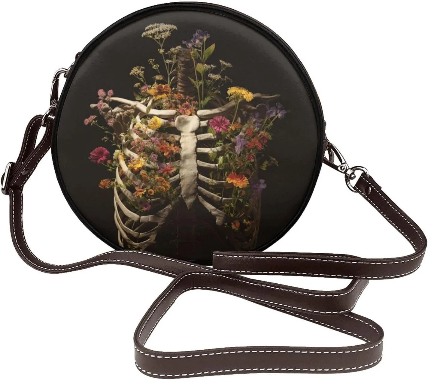 Retro Human Torso With Wildflowers Women Round Crossbody Bags Leather Sling Bag Purse