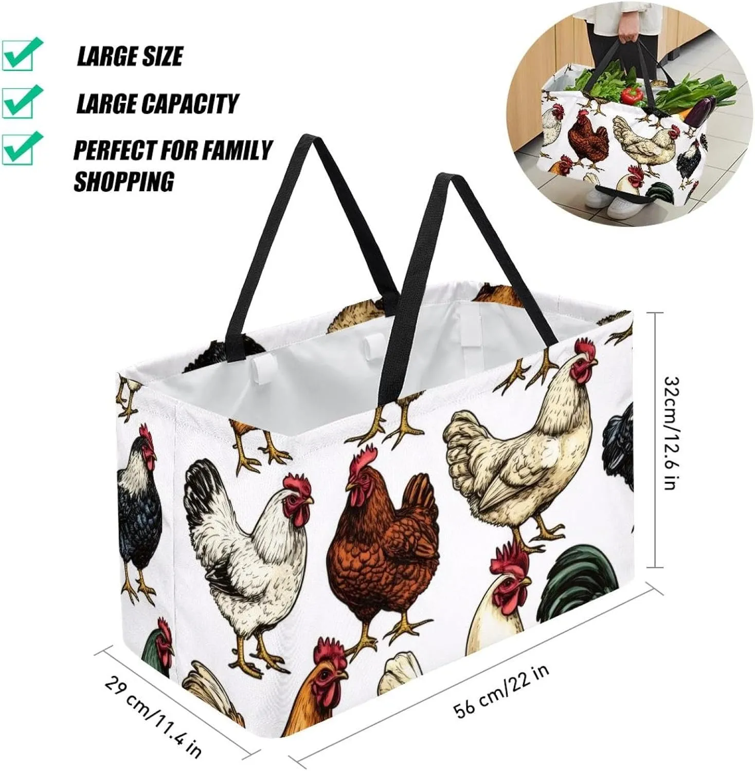 Reusable Grocery Bag Heavy Duty Shopping Tote Bag Foldable with Reinforced Handle, Chamomile Flowers on Blue Background