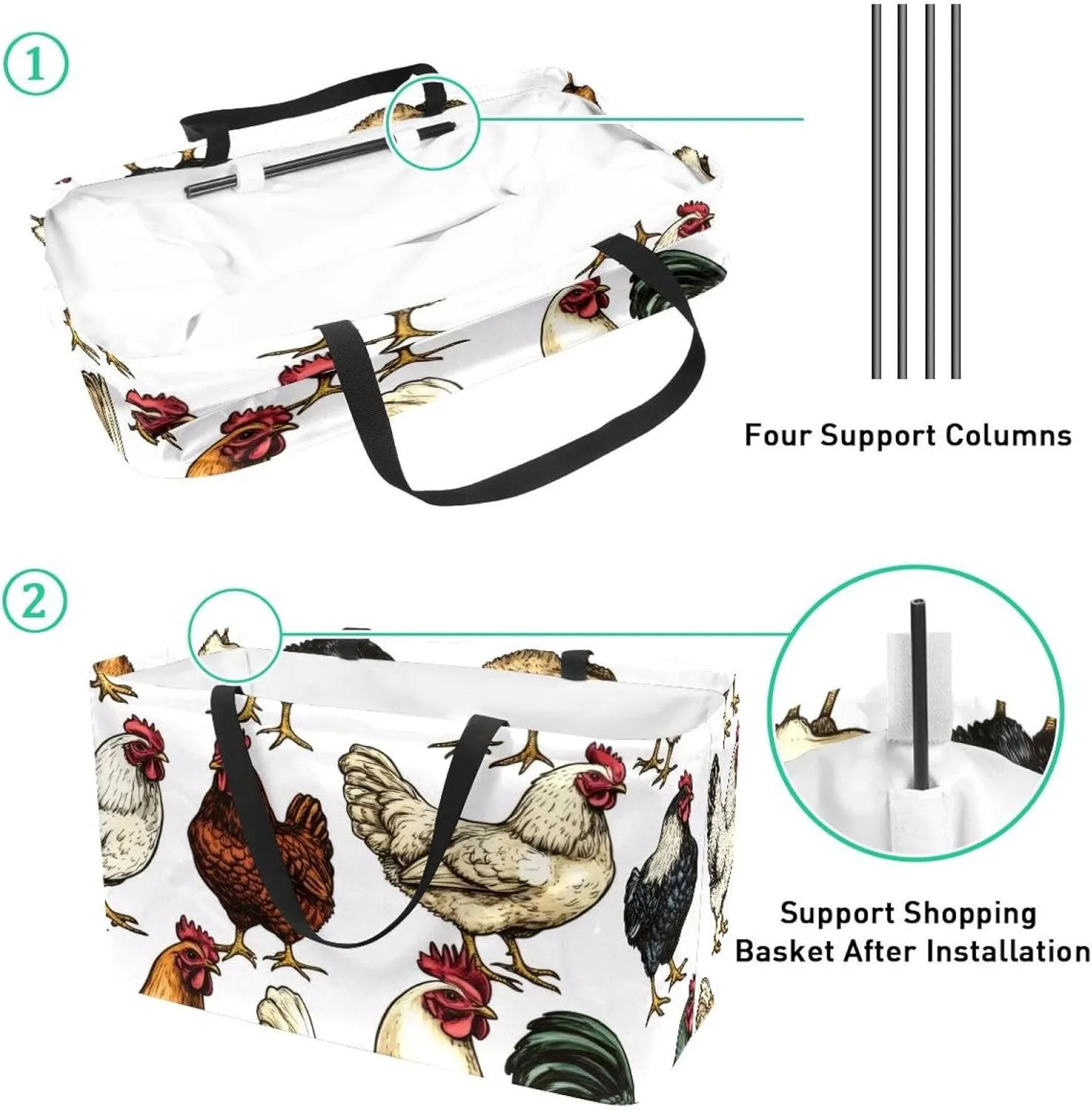 Reusable Grocery Bag Heavy Duty Shopping Tote Bag Foldable with Reinforced Handle, Chamomile Flowers on Blue Background