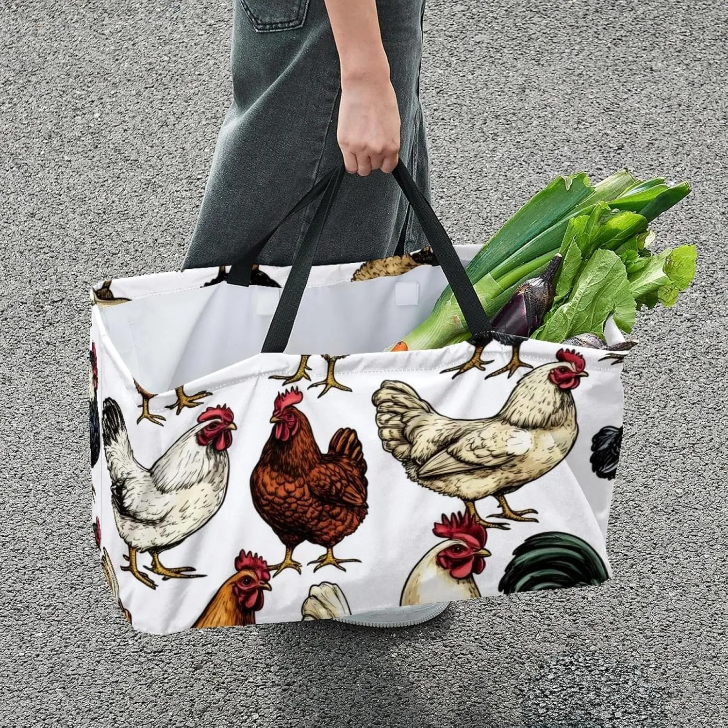 Reusable Grocery Bag Heavy Duty Shopping Tote Bag Foldable with Reinforced Handle, Chamomile Flowers on Blue Background