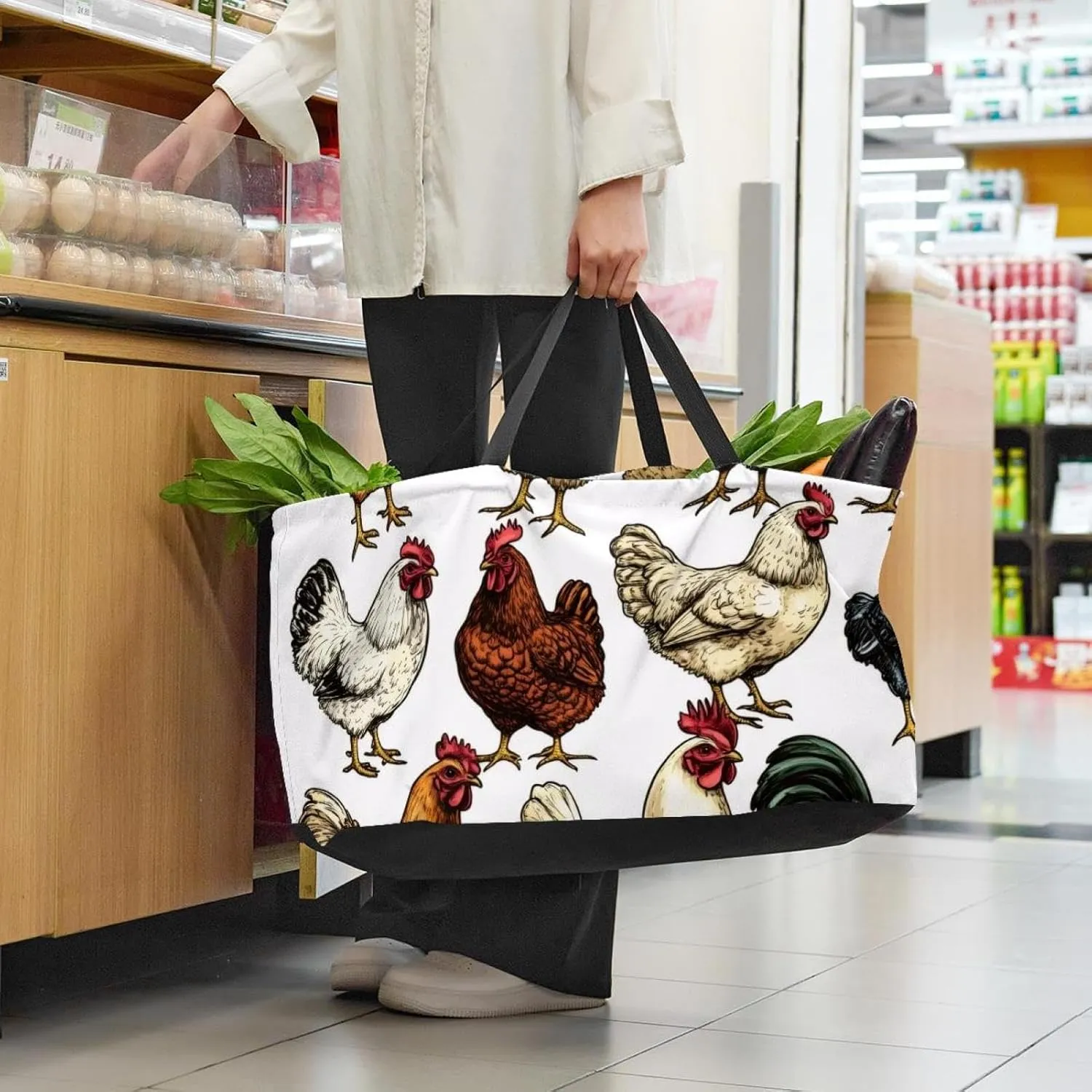 Reusable Grocery Bag Heavy Duty Shopping Tote Bag Foldable with Reinforced Handle, Chamomile Flowers on Blue Background