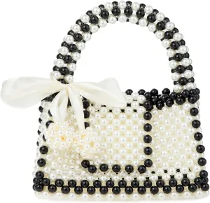 Ribbon Accent Black & White Acrylic Beaded Handbag Evening Bag for Wedding Party
