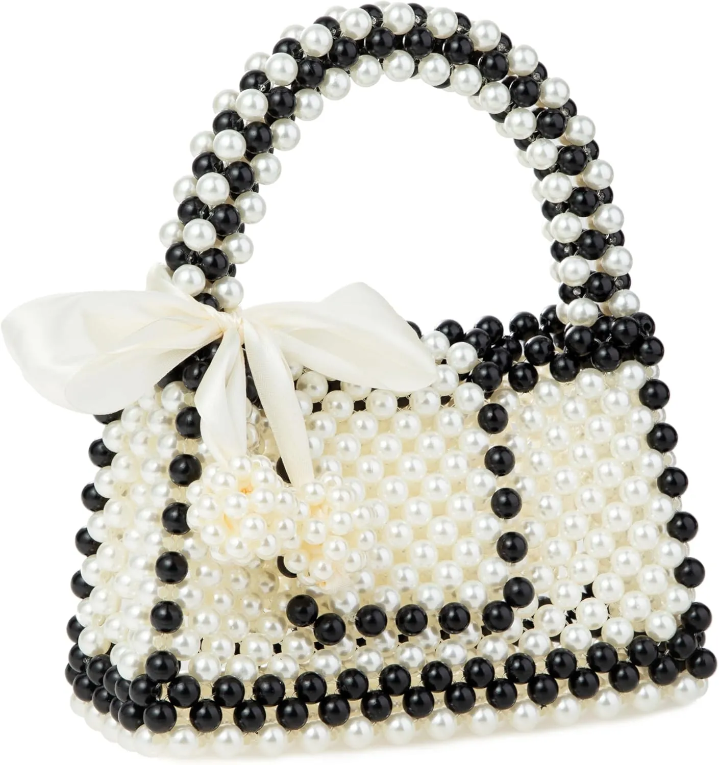 Ribbon Accent Black & White Acrylic Beaded Handbag Evening Bag for Wedding Party