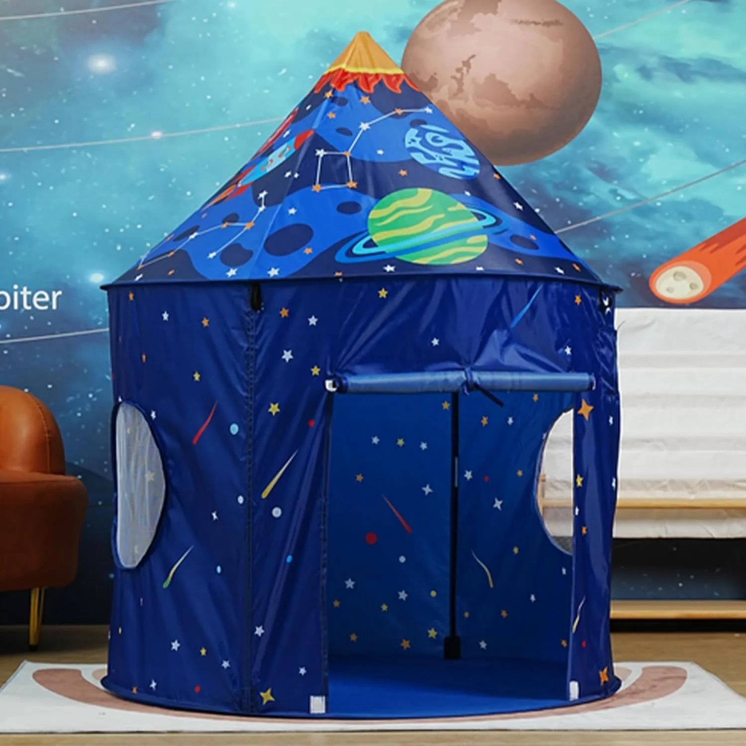 Rocket Ship Tents for Kids Space Teepee Tent Indoor Camping Party Pop Up Foldable with Star Lights Gift for Boys Girls Toddler Baby