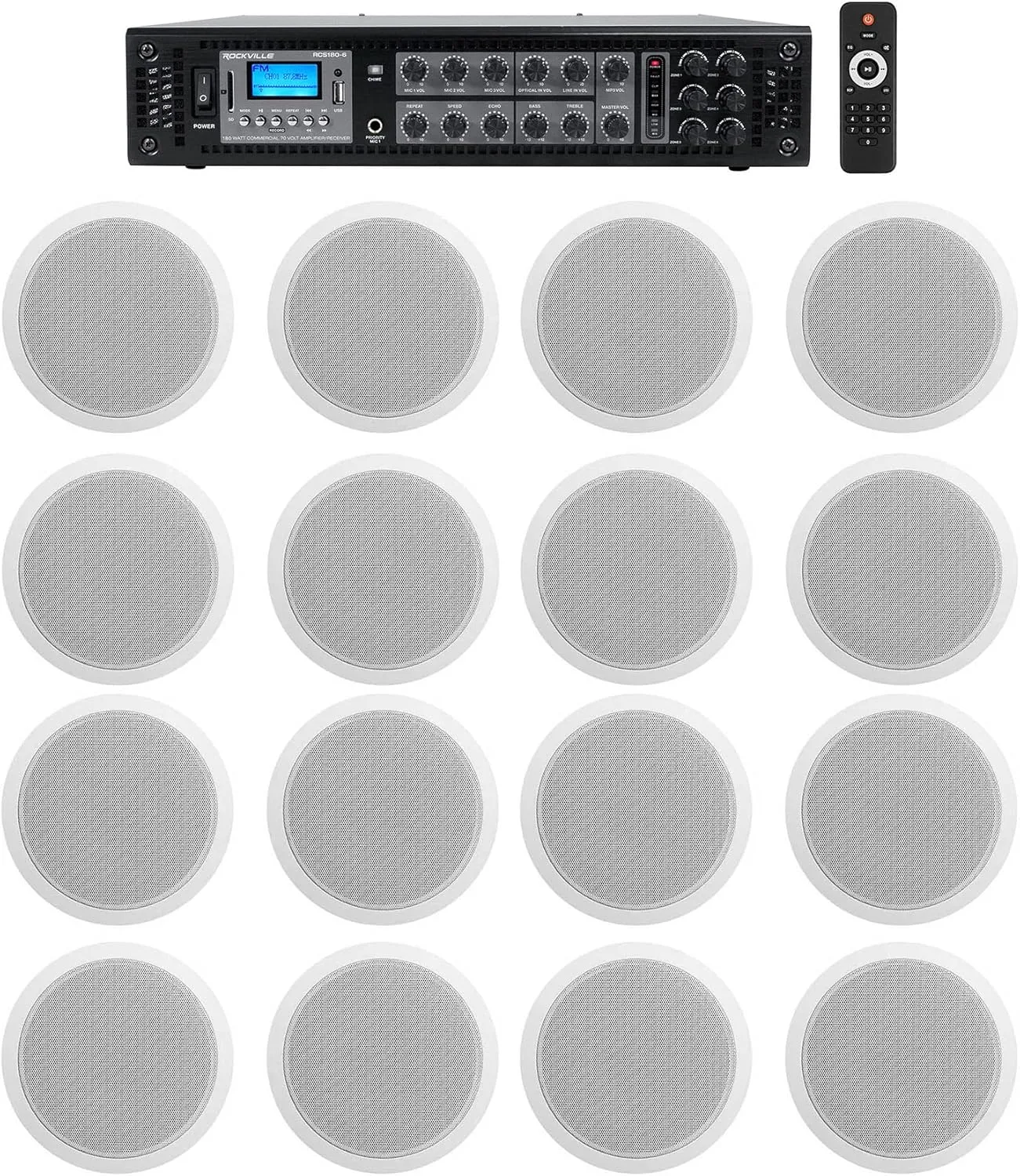 Rockville 6-Zone Amp 16 White 6" Ceiling Speakers for Restaurant/Bar/Cafe/Office