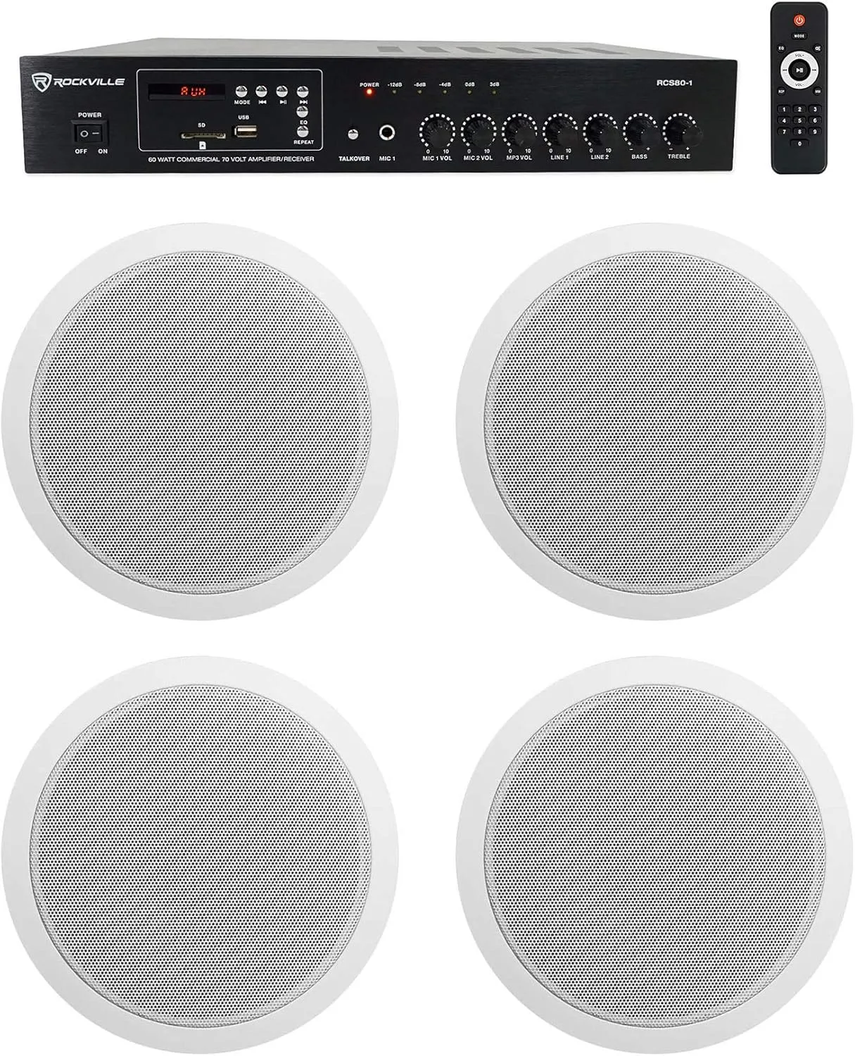 Rockville Commercial 70v Amp (4) White 6" Ceiling Speakers 4 Restaurant/Bar/Cafe