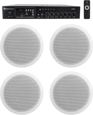 Rockville Commercial 70v Amp (4) White 6" Ceiling Speakers 4 Restaurant/Bar/Cafe