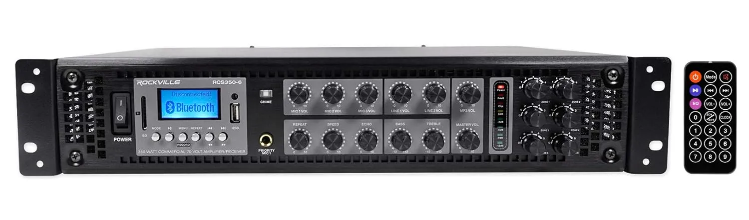 Rockville RCS350-6 350 Watt 6 Zone 70V Commercial Amplifier, Bluetooth, 3 Mic Inputs, Perfect for Restaurants, Bars, Cafés, Schools, Lounges