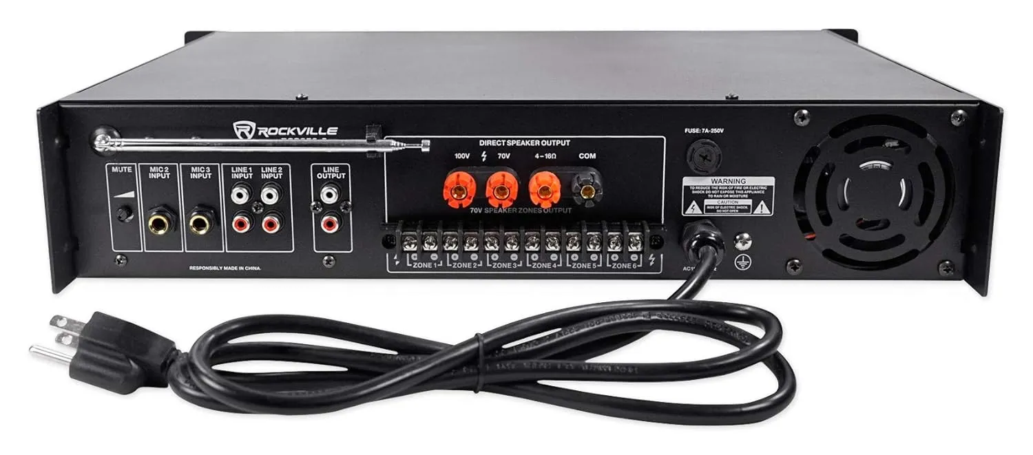 Rockville RCS350-6 350 Watt 6 Zone 70V Commercial Amplifier, Bluetooth, 3 Mic Inputs, Perfect for Restaurants, Bars, Cafés, Schools, Lounges
