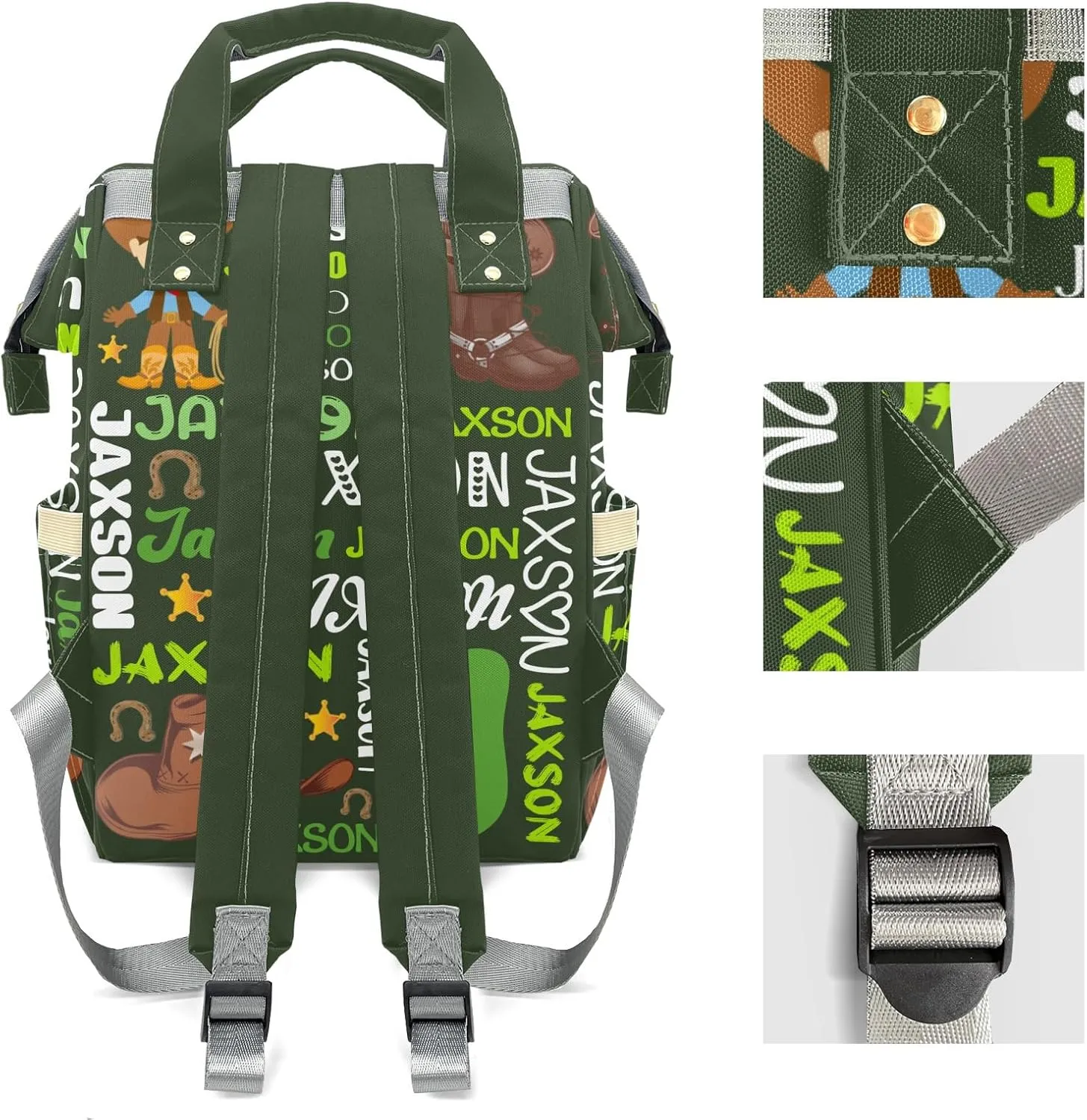 Rodeo Cowboy Forest Green Personalized Large Capacity Diaper Bags,Custom Name Backpack Casual Daypack Bag Nappy Bag Gifts