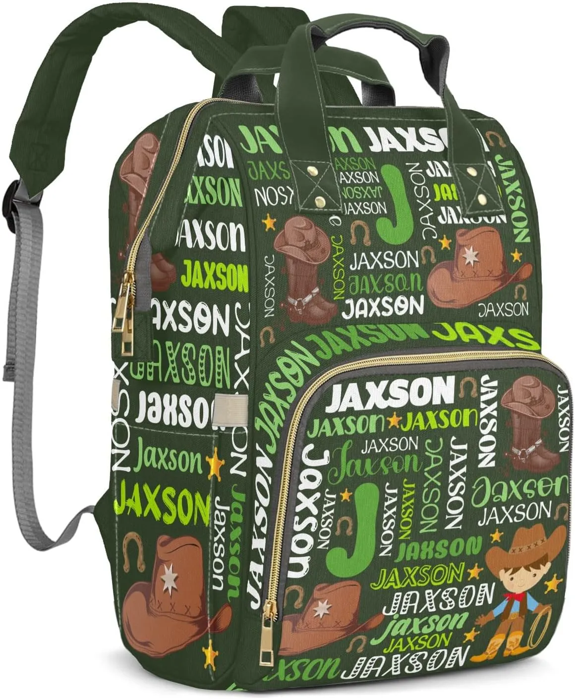 Rodeo Cowboy Forest Green Personalized Large Capacity Diaper Bags,Custom Name Backpack Casual Daypack Bag Nappy Bag Gifts