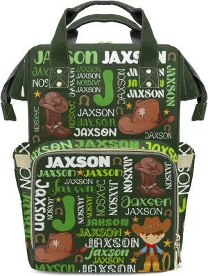 Rodeo Cowboy Forest Green Personalized Large Capacity Diaper Bags,Custom Name Backpack Casual Daypack Bag Nappy Bag Gifts