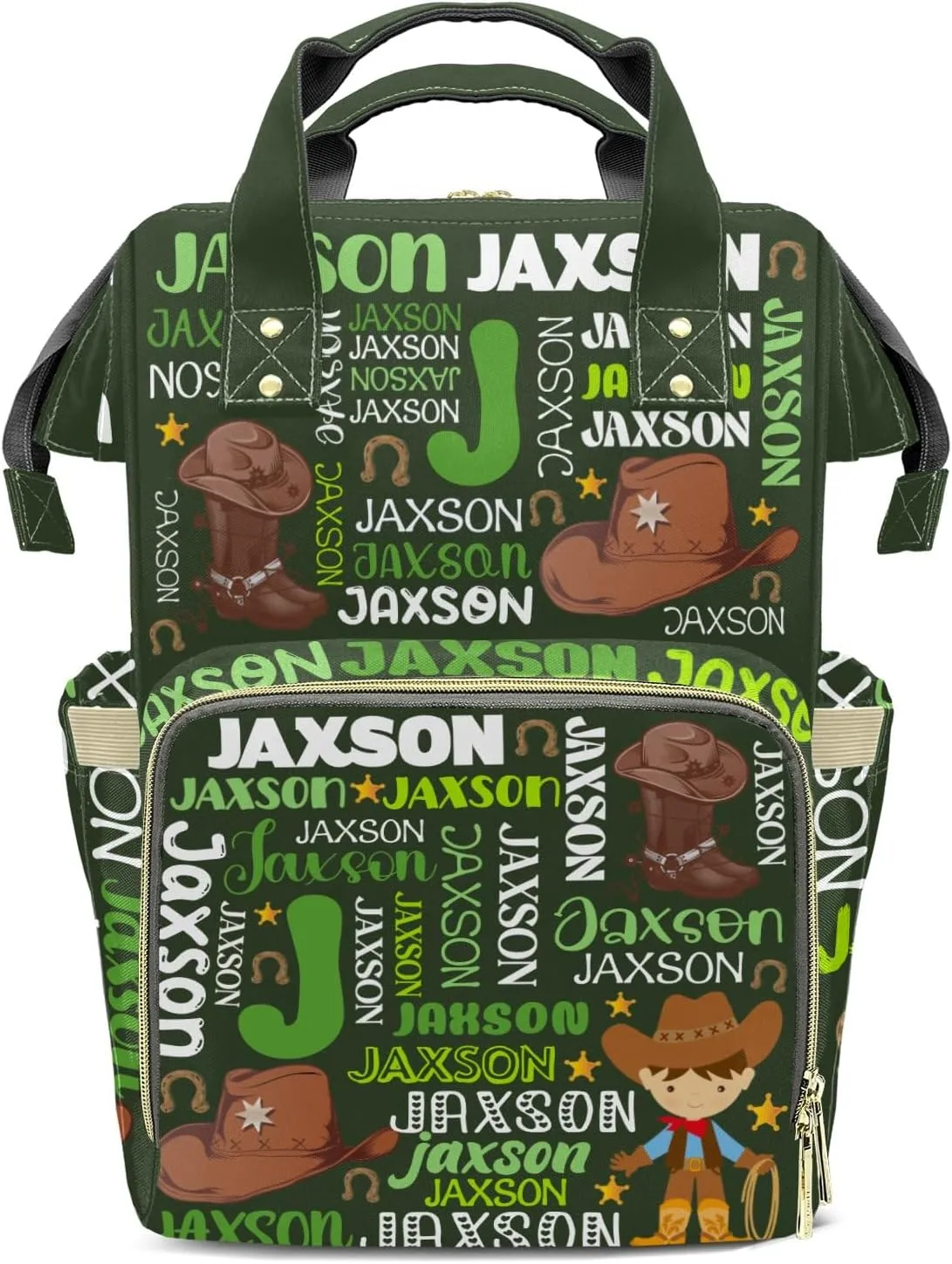 Rodeo Cowboy Forest Green Personalized Large Capacity Diaper Bags,Custom Name Backpack Casual Daypack Bag Nappy Bag Gifts