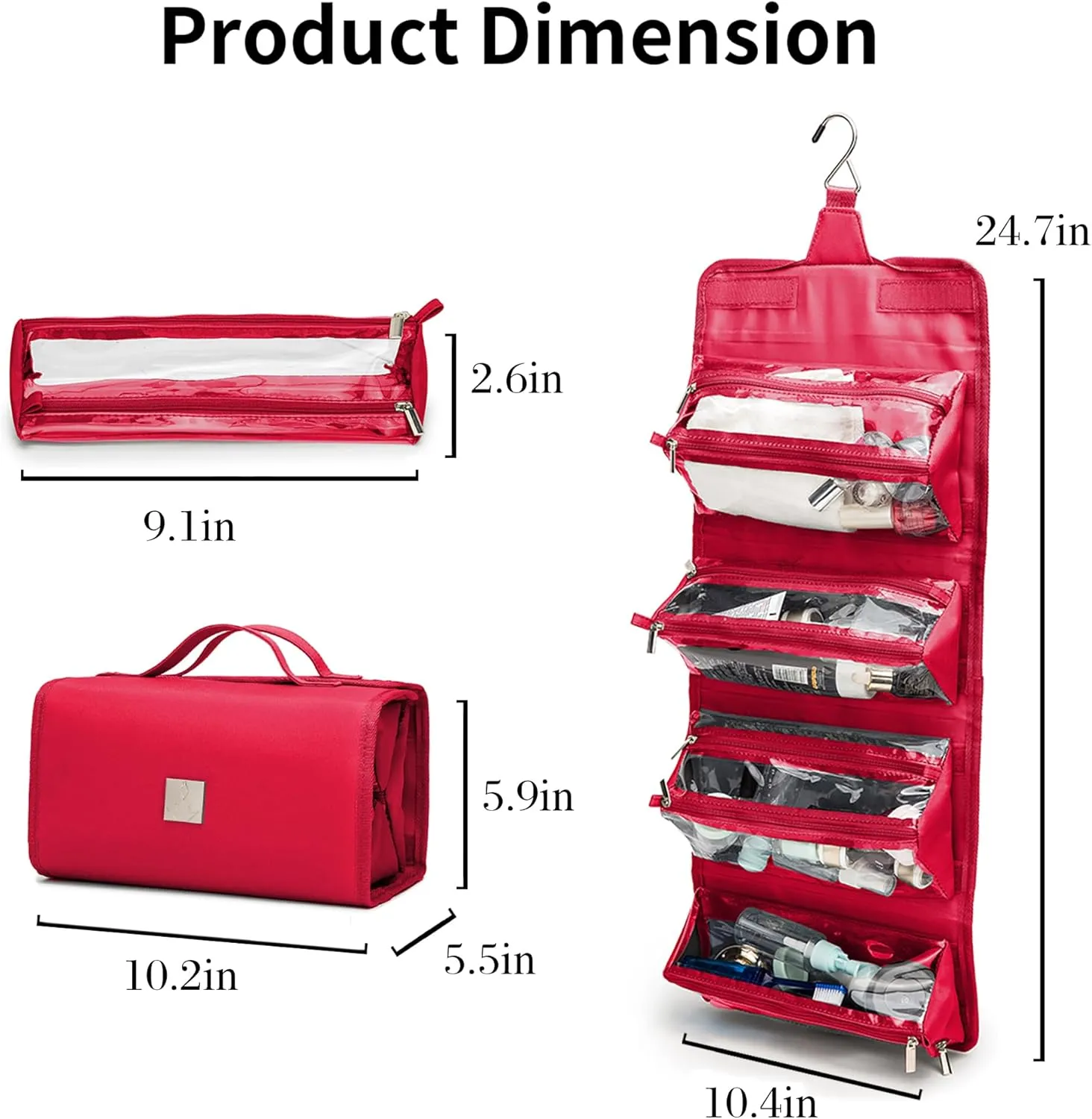 Roll Up Makeup Bag, Travel Toiletry Bag for Women with 4 Clear TSA Approved Pouches, Hanging Travel Organizer, Folding Cosmetic Bag for Men and Women
