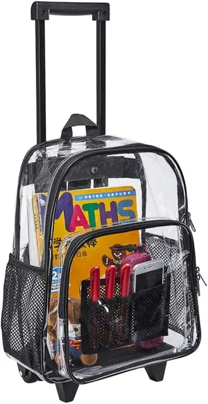 Rolling Clear Backpack, Heavy Duty Cold-Resistant Security Transparent PVC Backpack with Wheels (Black)