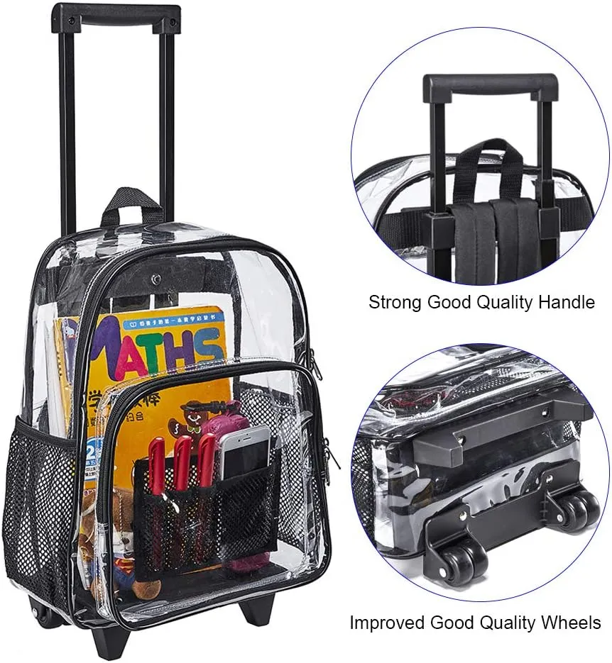 Rolling Clear Backpack, Heavy Duty Cold-Resistant Security Transparent PVC Backpack with Wheels (Black)