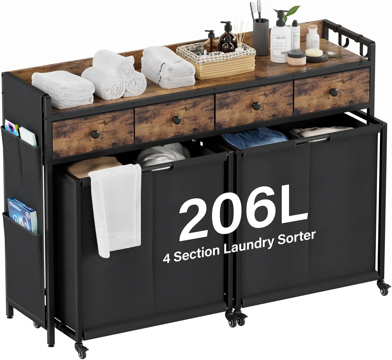 Rolling Laundry Basket Organizer with Wheels - 4 Section Hamper with Shelf Drawers and Oxford Laundry Bags - Sorter for Home