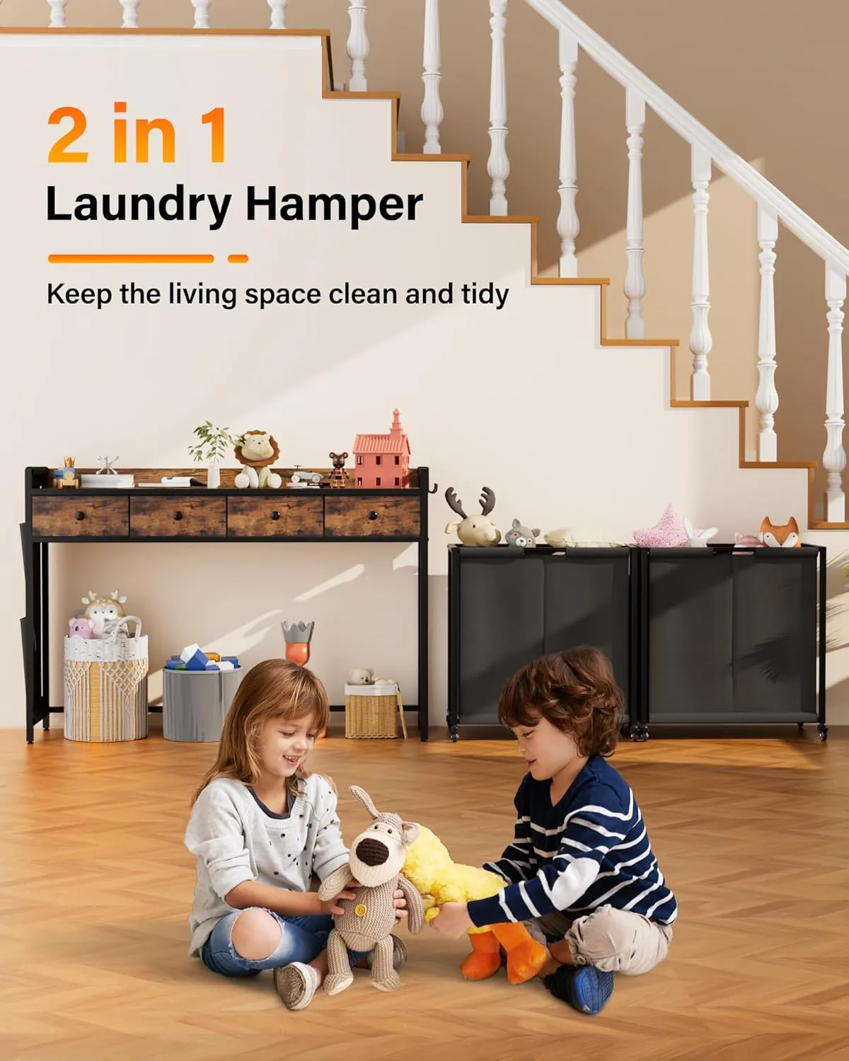 Rolling Laundry Basket Organizer with Wheels - 4 Section Hamper with Shelf Drawers and Oxford Laundry Bags - Sorter for Home