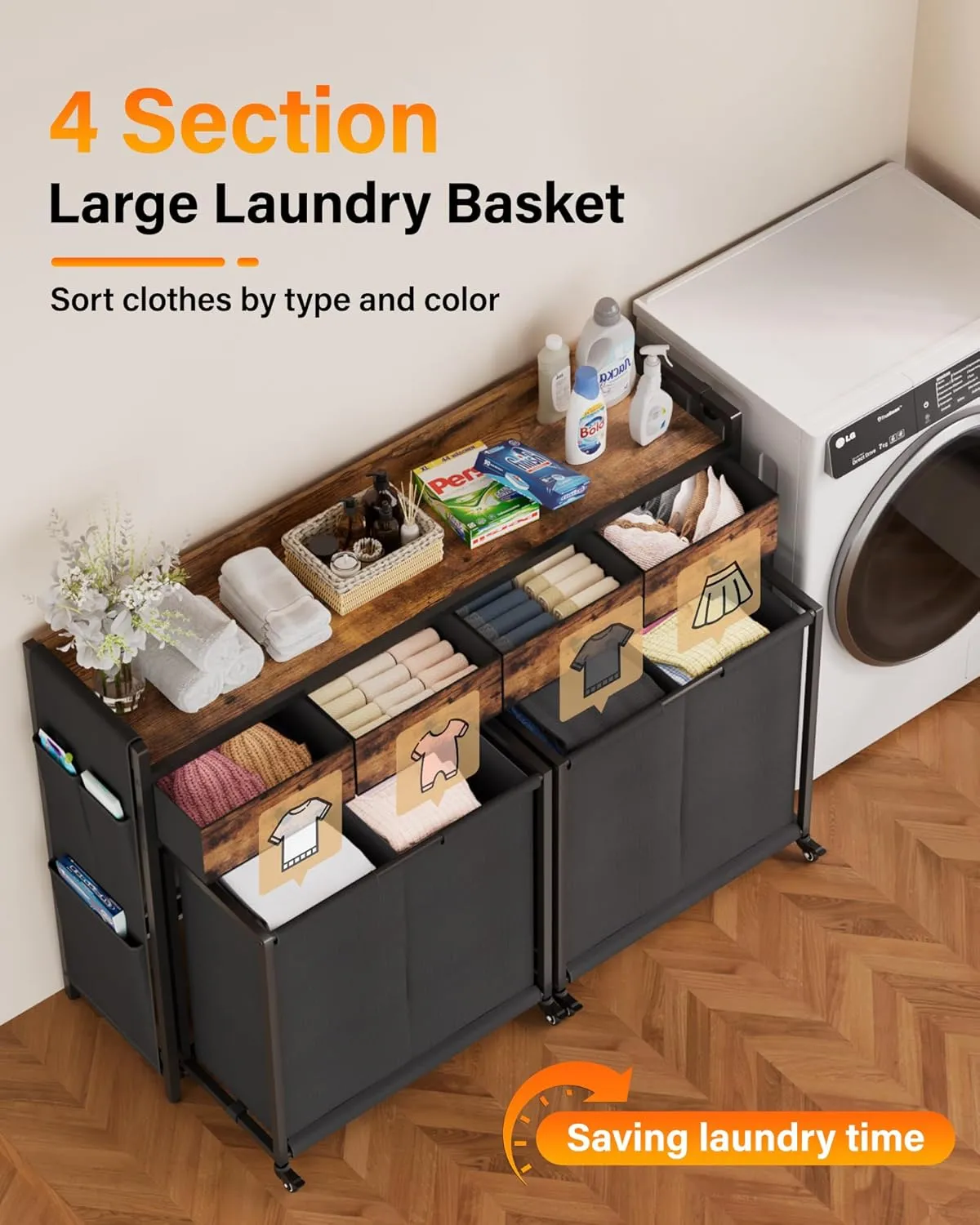 Rolling Laundry Basket Organizer with Wheels - 4 Section Hamper with Shelf Drawers and Oxford Laundry Bags - Sorter for Home