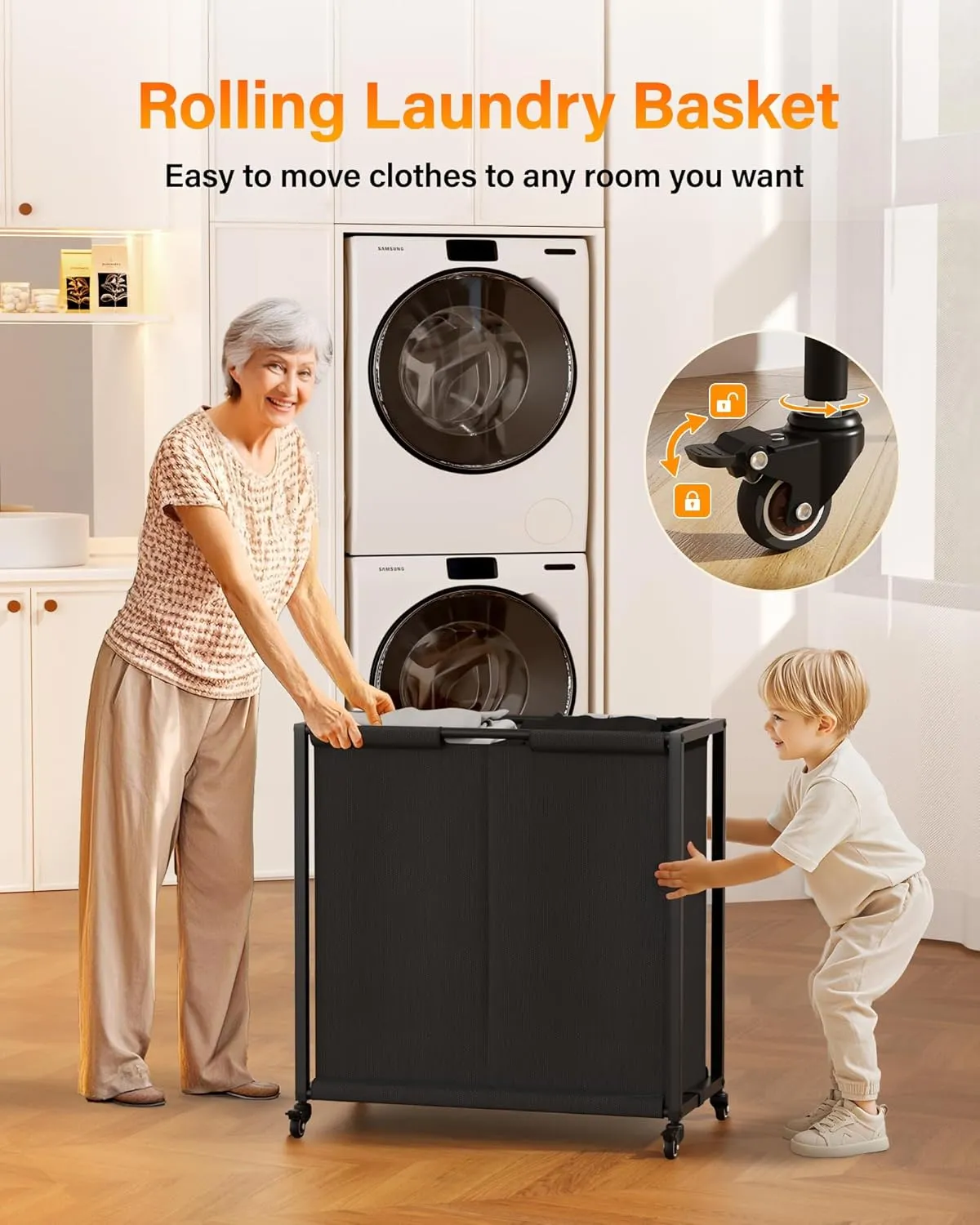Rolling Laundry Basket Organizer with Wheels - 4 Section Hamper with Shelf Drawers and Oxford Laundry Bags - Sorter for Home