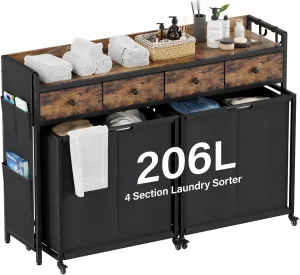 Rolling Laundry Basket Organizer with Wheels - 4 Section Hamper with Shelf Drawers and Oxford Laundry Bags - Sorter for Home