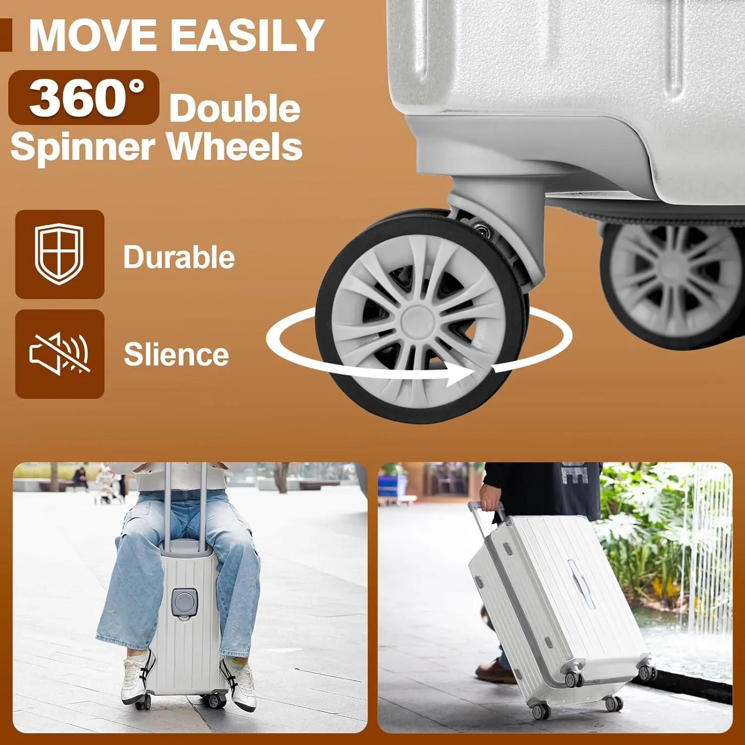 Romswi Suitcase Set with TSA Lock Cup Holder, Hardside Spinner Suitcase with Duffel Bag, Lightweight Durable PC ABS White 5 PCS(20/24/28inch)