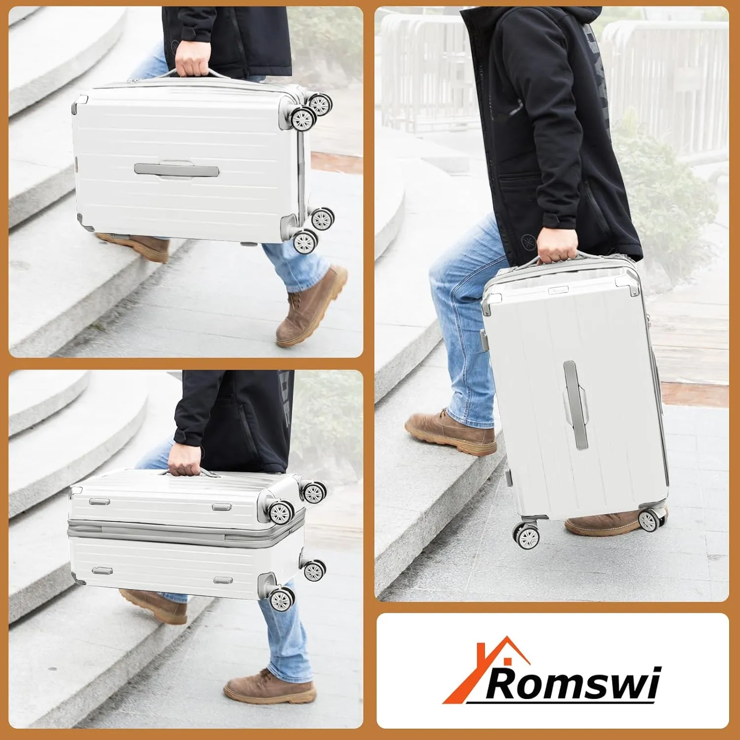Romswi Suitcase Set with TSA Lock Cup Holder, Hardside Spinner Suitcase with Duffel Bag, Lightweight Durable PC ABS White 5 PCS(20/24/28inch)