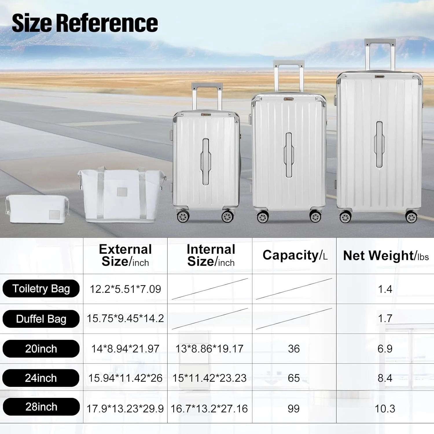 Romswi Suitcase Set with TSA Lock Cup Holder, Hardside Spinner Suitcase with Duffel Bag, Lightweight Durable PC ABS White 5 PCS(20/24/28inch)