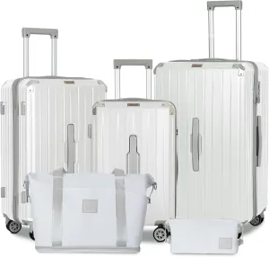 Romswi Suitcase Set with TSA Lock Cup Holder, Hardside Spinner Suitcase with Duffel Bag, Lightweight Durable PC ABS White 5 PCS(20/24/28inch)