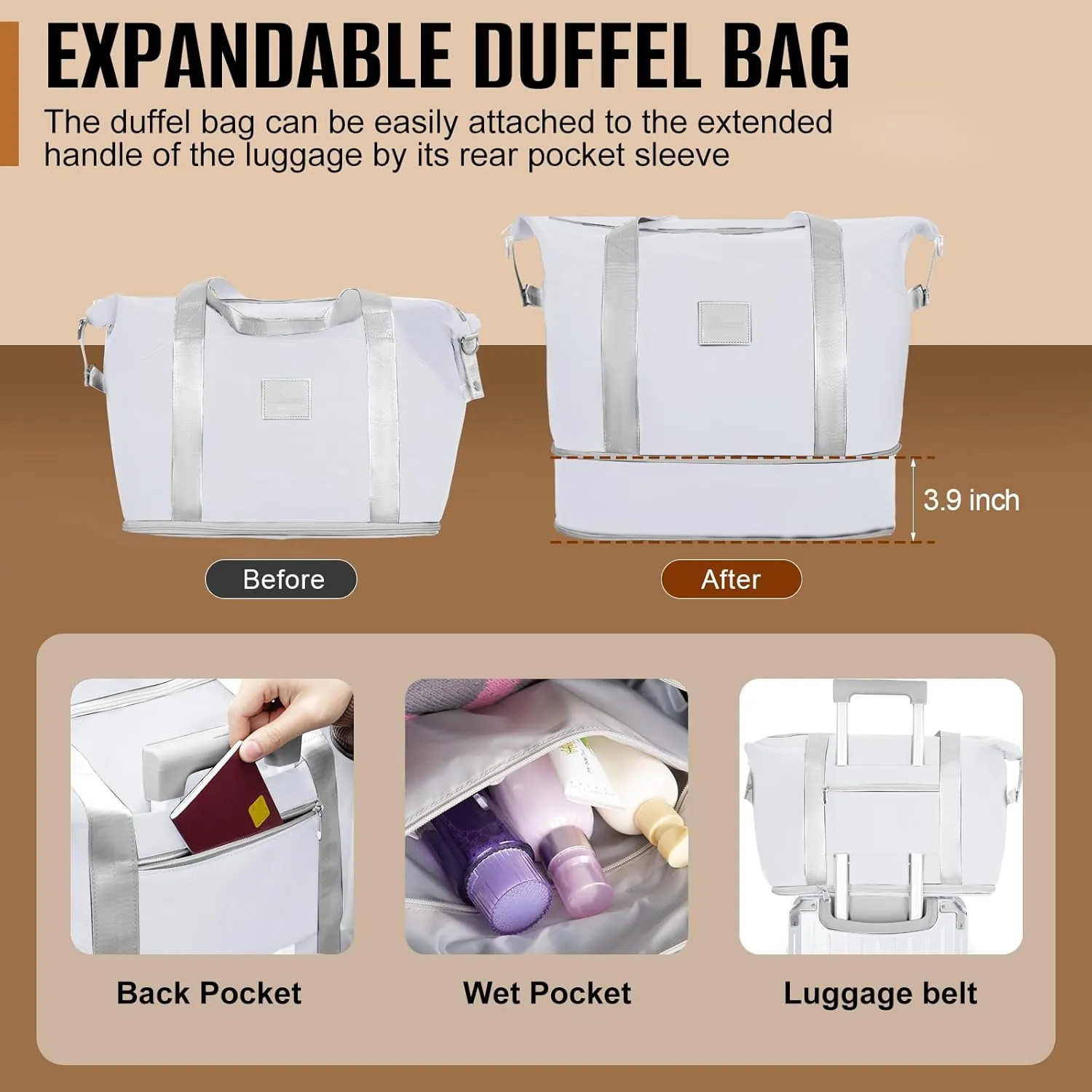 Romswi Suitcase Set with TSA Lock Cup Holder, Hardside Spinner Suitcase with Duffel Bag, Lightweight Durable PC ABS White 5 PCS(20/24/28inch)