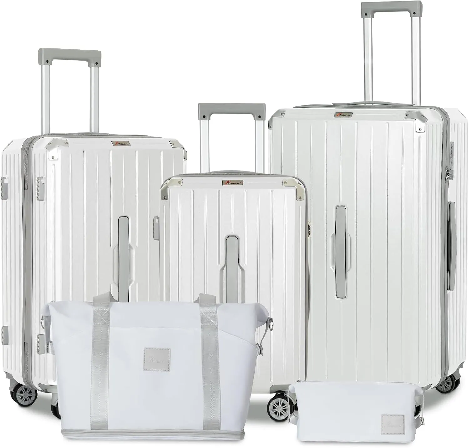 Romswi Suitcase Set with TSA Lock Cup Holder, Hardside Spinner Suitcase with Duffel Bag, Lightweight Durable PC ABS White 5 PCS(20/24/28inch)