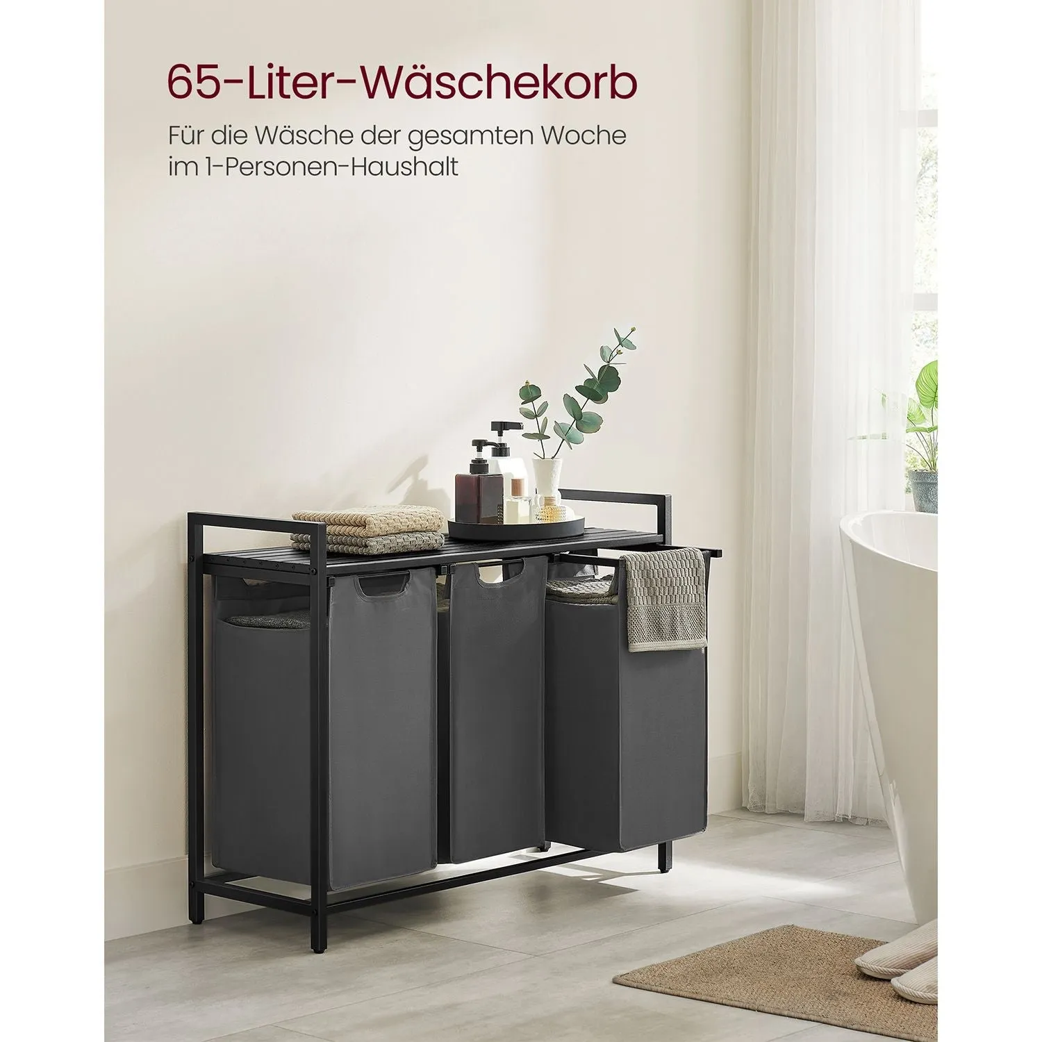 Rootz Laundry Basket with Shelf - Black-Gray Organizer - Storage Bins - Medium Density Fiberboard - Steel Frame - MDF - 92.5cm x 33cm x 72cm