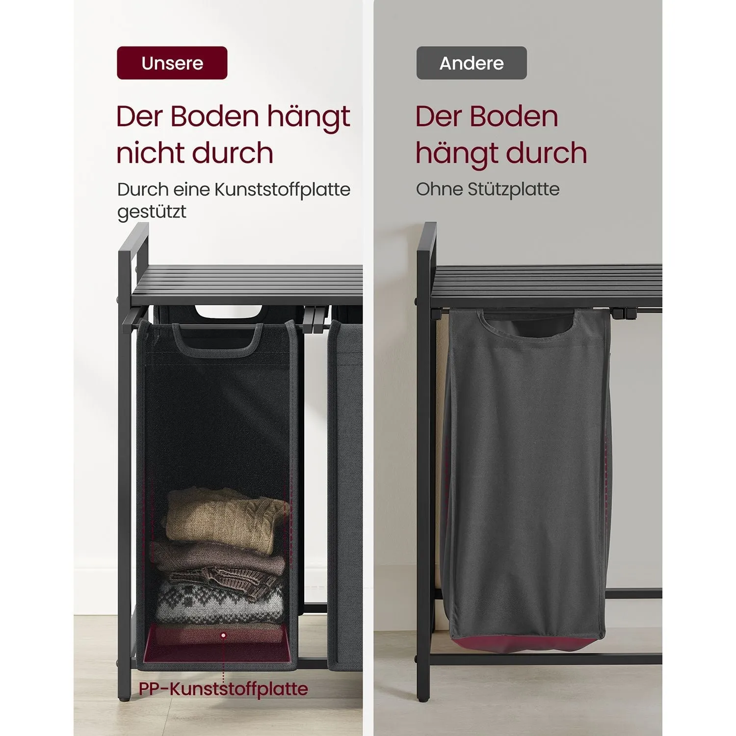 Rootz Laundry Basket with Shelf - Black-Gray Organizer - Storage Bins - Medium Density Fiberboard - Steel Frame - MDF - 92.5cm x 33cm x 72cm