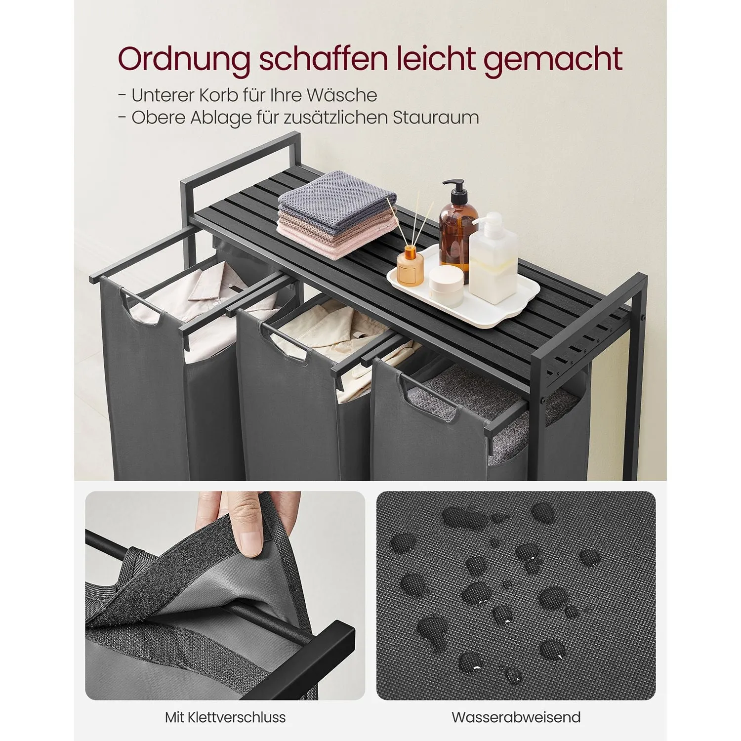 Rootz Laundry Basket with Shelf - Black-Gray Organizer - Storage Bins - Medium Density Fiberboard - Steel Frame - MDF - 92.5cm x 33cm x 72cm