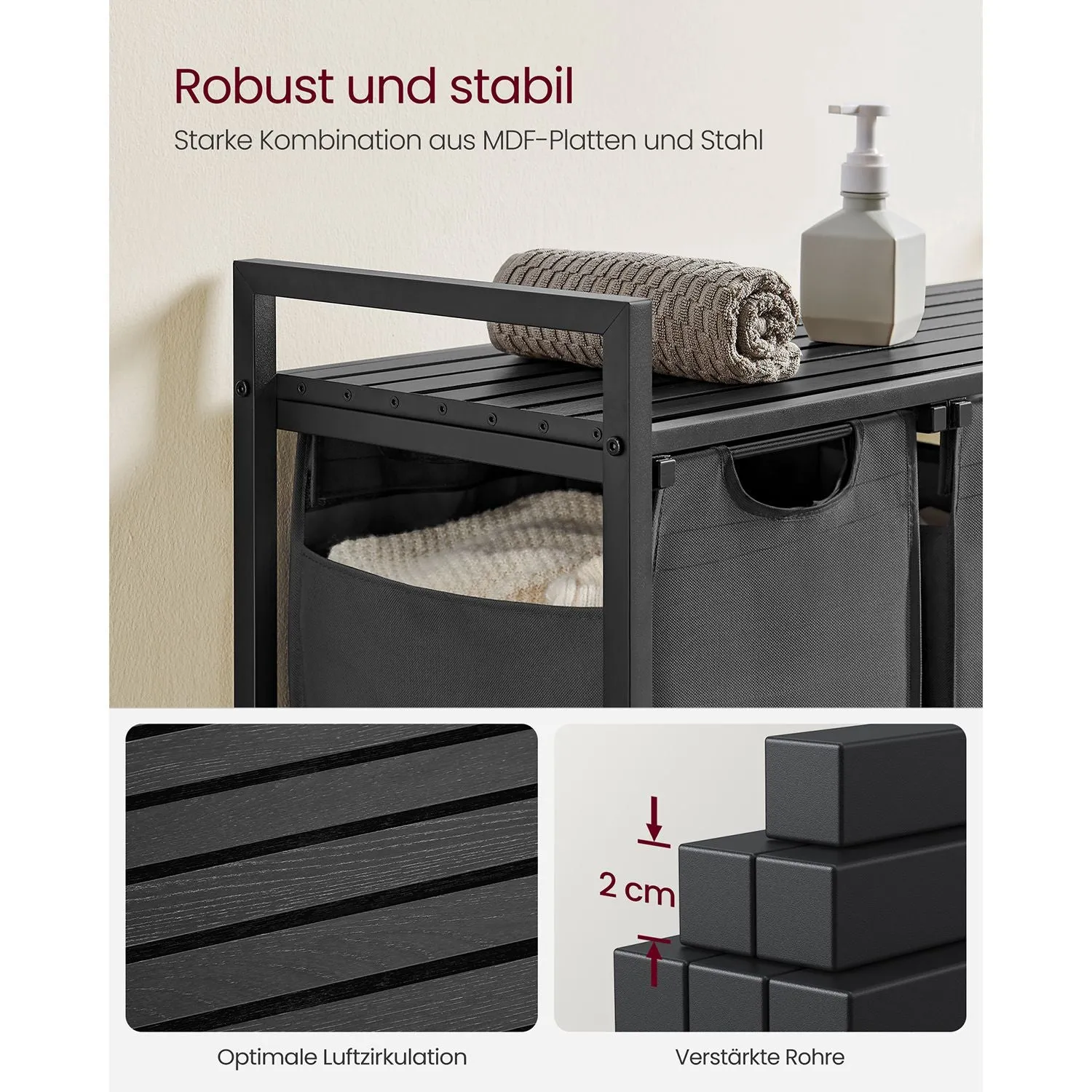 Rootz Laundry Basket with Shelf - Black-Gray Organizer - Storage Bins - Medium Density Fiberboard - Steel Frame - MDF - 92.5cm x 33cm x 72cm