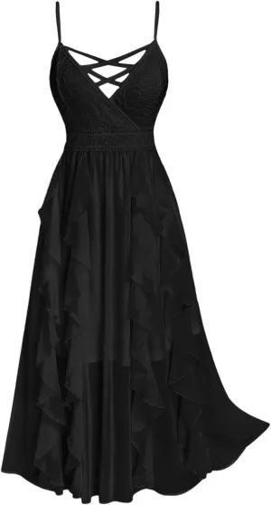 Rosegal Plus Size Party Dress for Women Lace Ruffles Cirsscross Cocktail Bridesmaid Wedding Guest Maxi Cami Formal Dress
