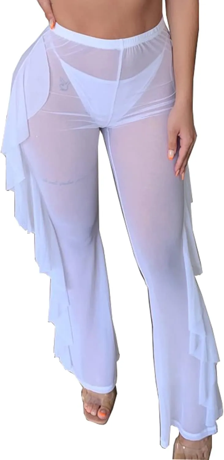 RUEWEY Women See Throug Mesh Flare Cover up Pants Swimsuit Bikini Bottom Cover up Elastic Waist Wide Leg Palazzo Trousers