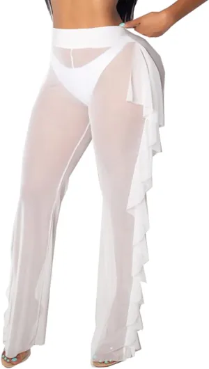 RUEWEY Women See Throug Mesh Flare Cover up Pants Swimsuit Bikini Bottom Cover up Elastic Waist Wide Leg Palazzo Trousers