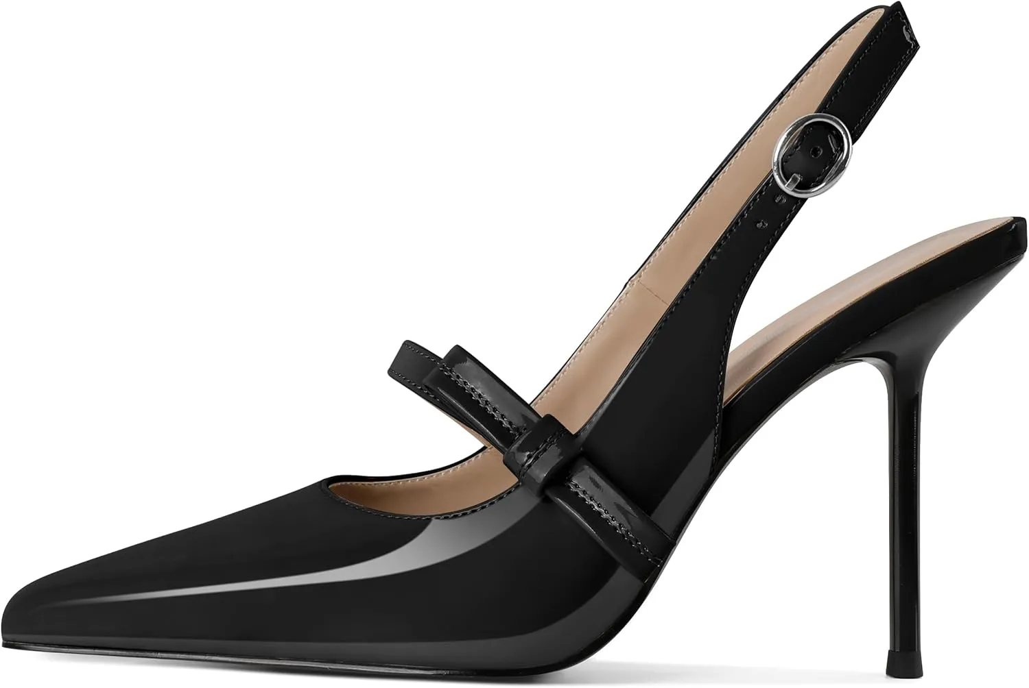 SAMMITOP Women's Pointed Toe High Stiletto Heels Slingback Bow Strappy Pumps Backless Patent Leather Sexy Dress Shoes for Women 4 Inch
