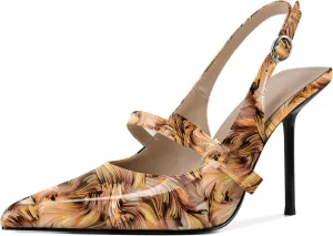 SAMMITOP Women's Pointed Toe High Stiletto Heels Slingback Bow Strappy Pumps Backless Patent Leather Sexy Dress Shoes for Women 4 Inch
