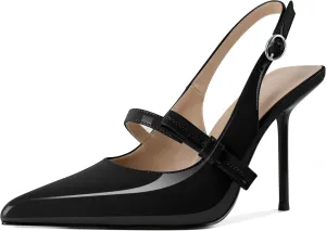 SAMMITOP Women's Pointed Toe High Stiletto Heels Slingback Bow Strappy Pumps Backless Patent Leather Sexy Dress Shoes for Women 4 Inch