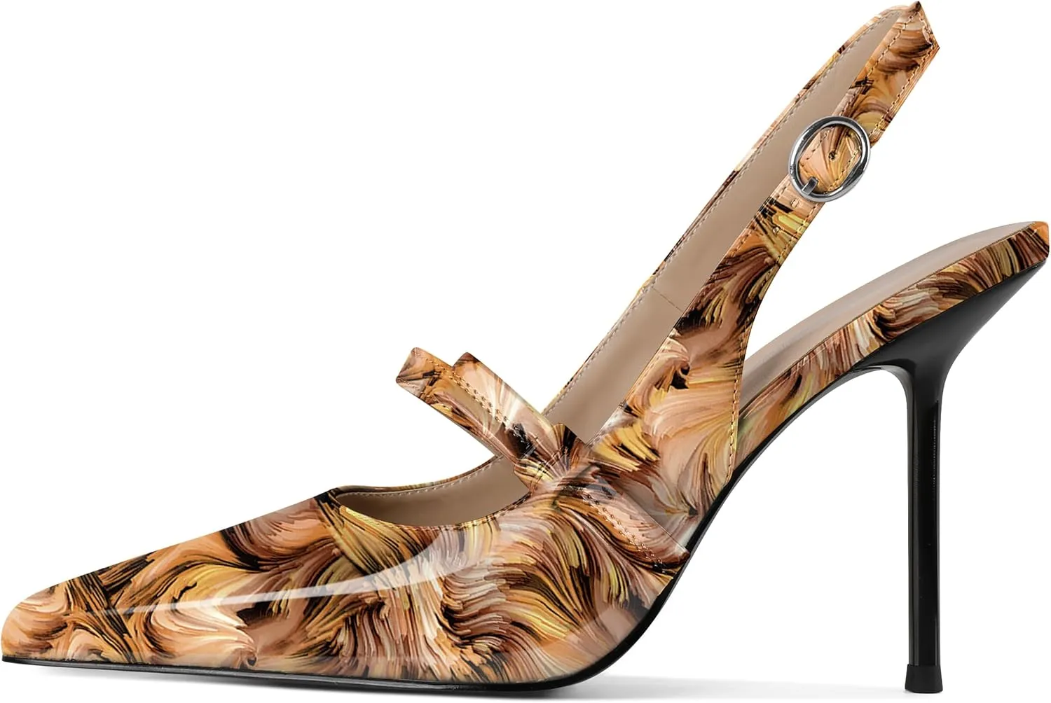 SAMMITOP Women's Pointed Toe High Stiletto Heels Slingback Bow Strappy Pumps Backless Patent Leather Sexy Dress Shoes for Women 4 Inch