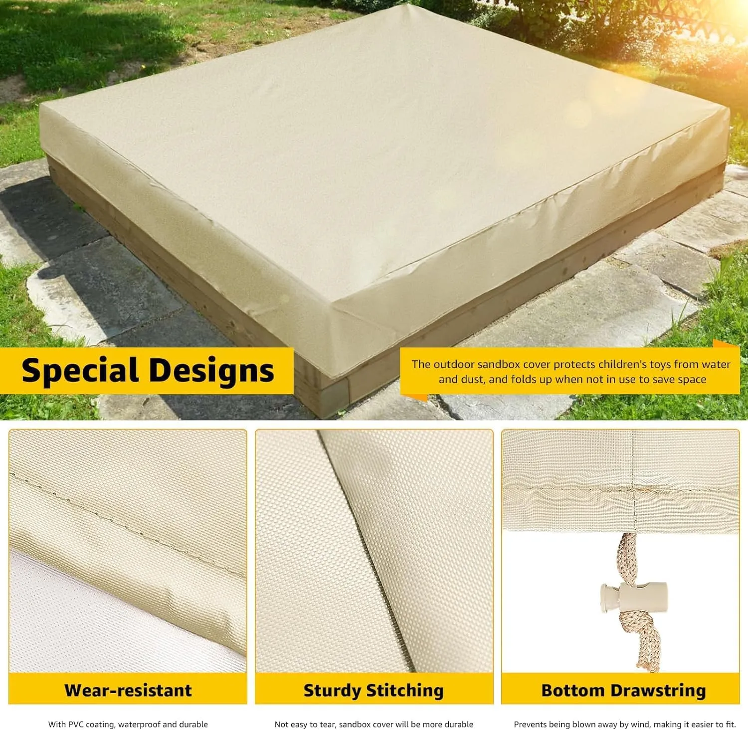 Sandbox Cover, 420D Oxford Heavy Duty Waterproof Sand Box Cover, Outdoor Garden Square Sandbox Cover for Kids Protect Sandbox Sand and Toys(Begie,70" X 70" X 8")