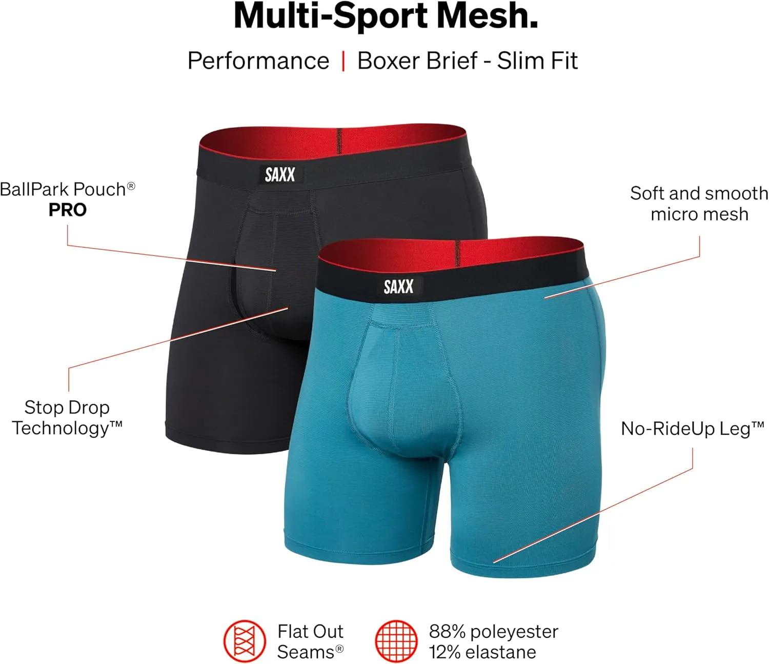 SAXX Underwear Co. Men's Underwear with Pouch Multi Sport Mesh Boxer Brief Fly 2Pk