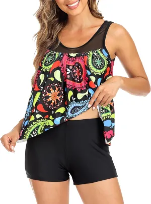 SEAFORM Tankini Swimsuits for Women 2 Piece Floral Print Tank Top with Tummy Control Boyshorts Women's Tankini Bathing Suits