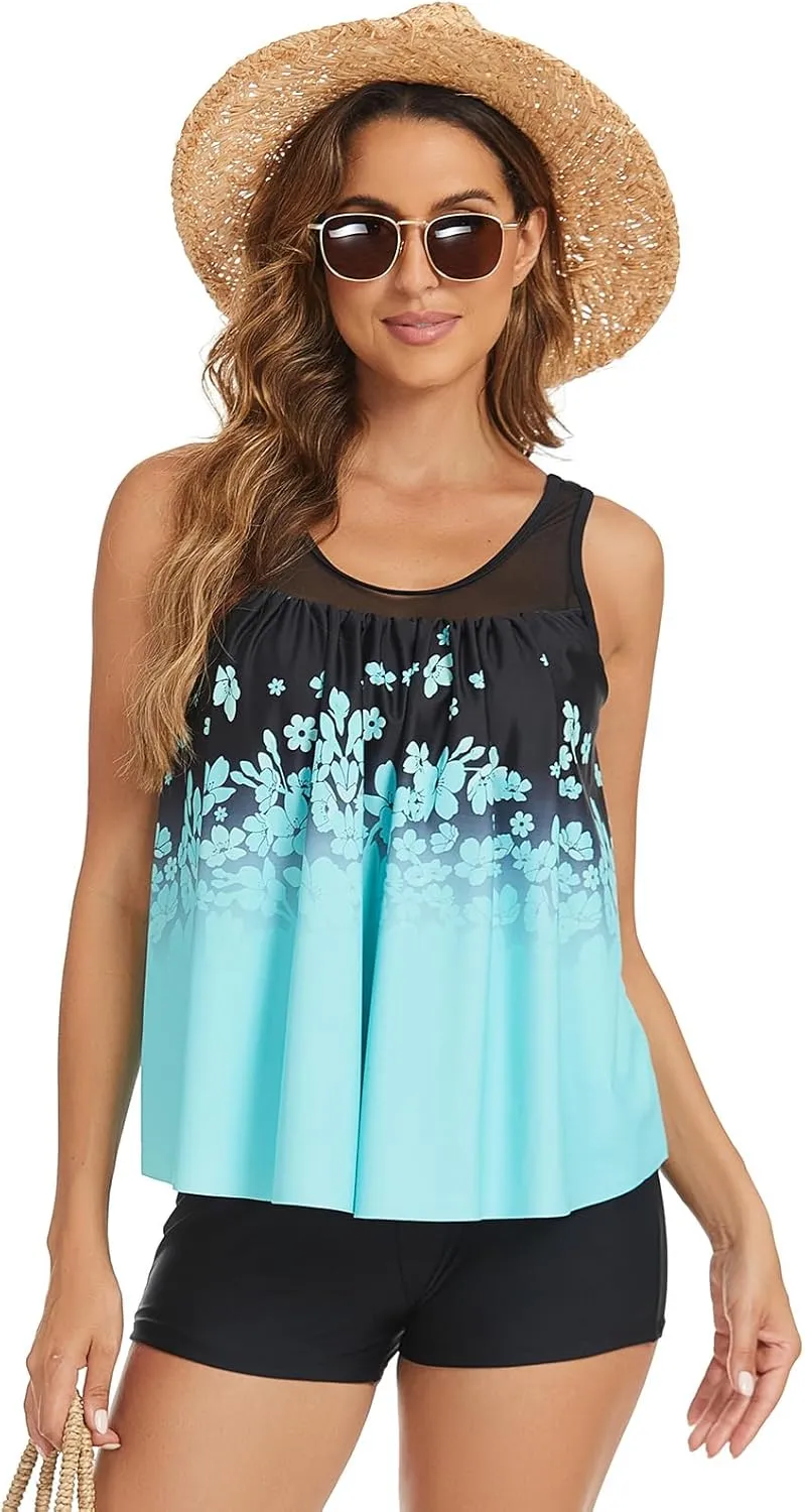 SEAFORM Tankini Swimsuits for Women 2 Piece Floral Print Tank Top with Tummy Control Boyshorts Women's Tankini Bathing Suits