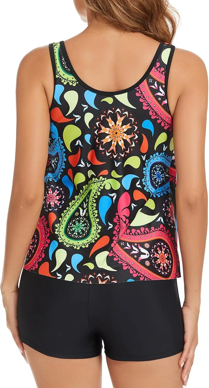 SEAFORM Tankini Swimsuits for Women 2 Piece Floral Print Tank Top with Tummy Control Boyshorts Women's Tankini Bathing Suits