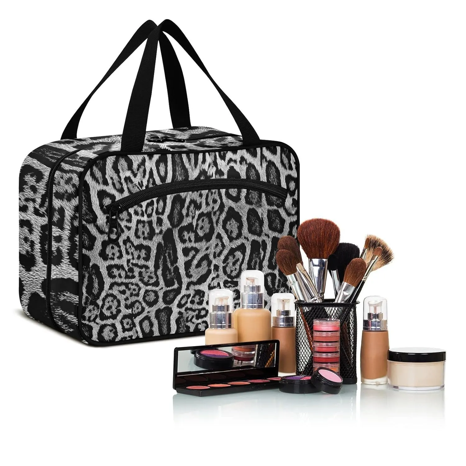seamless Leopard Skin Giraffe Skin Animal Texture 1 PC Hanging Travel Wash bag with Handles, Portable Makeup Organizer Brush Storage Case Portable Travel Cosmetic with Hook M