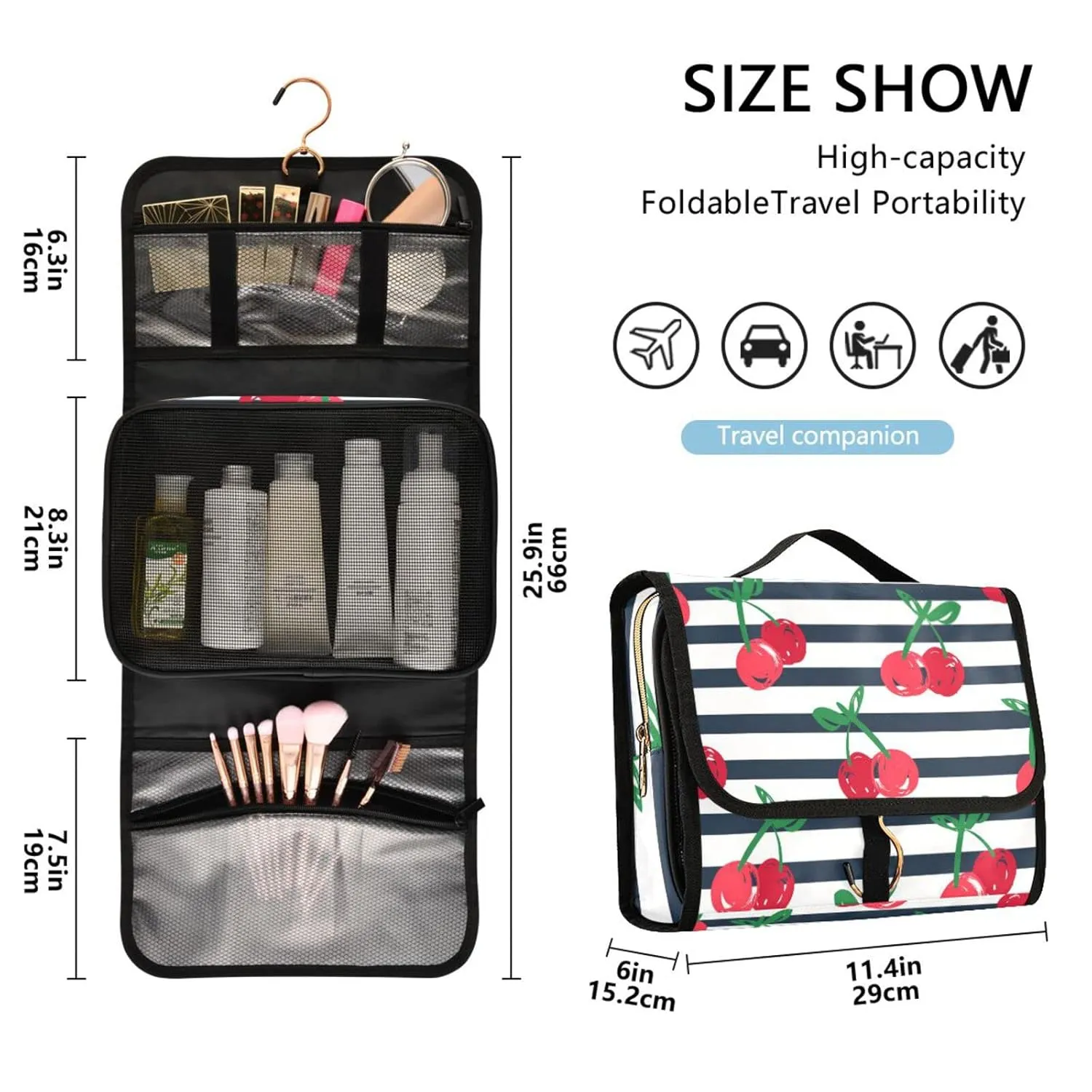 Seamless Red Cherries with Green Leaves on Black White Stripes 1 PC Hanging Toiletry Wash bag Portable Makeup Organizer Brush Storage Case Portable Travel Cosmetic with Hook